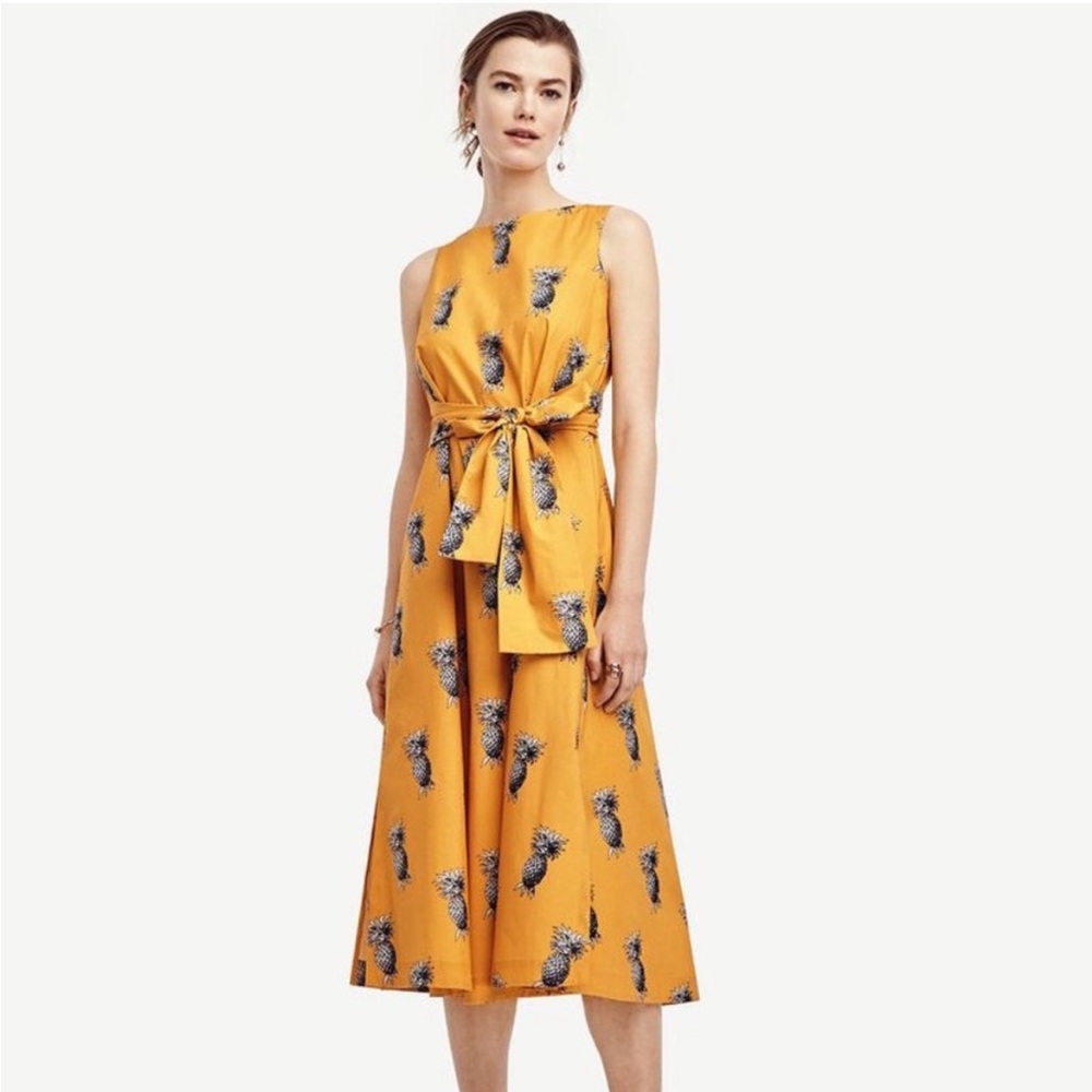 Ann Taylor Pineapple Print Tie Waist Midi Dress